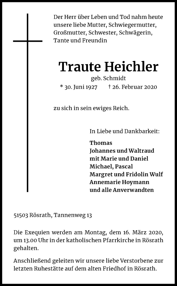  Traueranzeige für Traute Heichler vom 07.03.2020 aus Kölner Stadt-Anzeiger / Kölnische Rundschau / Express