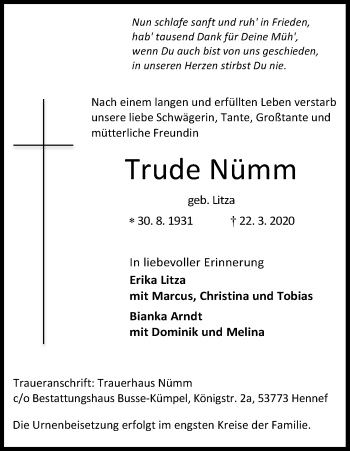 Anzeige von Trude Nümm von Kölner Stadt-Anzeiger / Kölnische Rundschau / Express