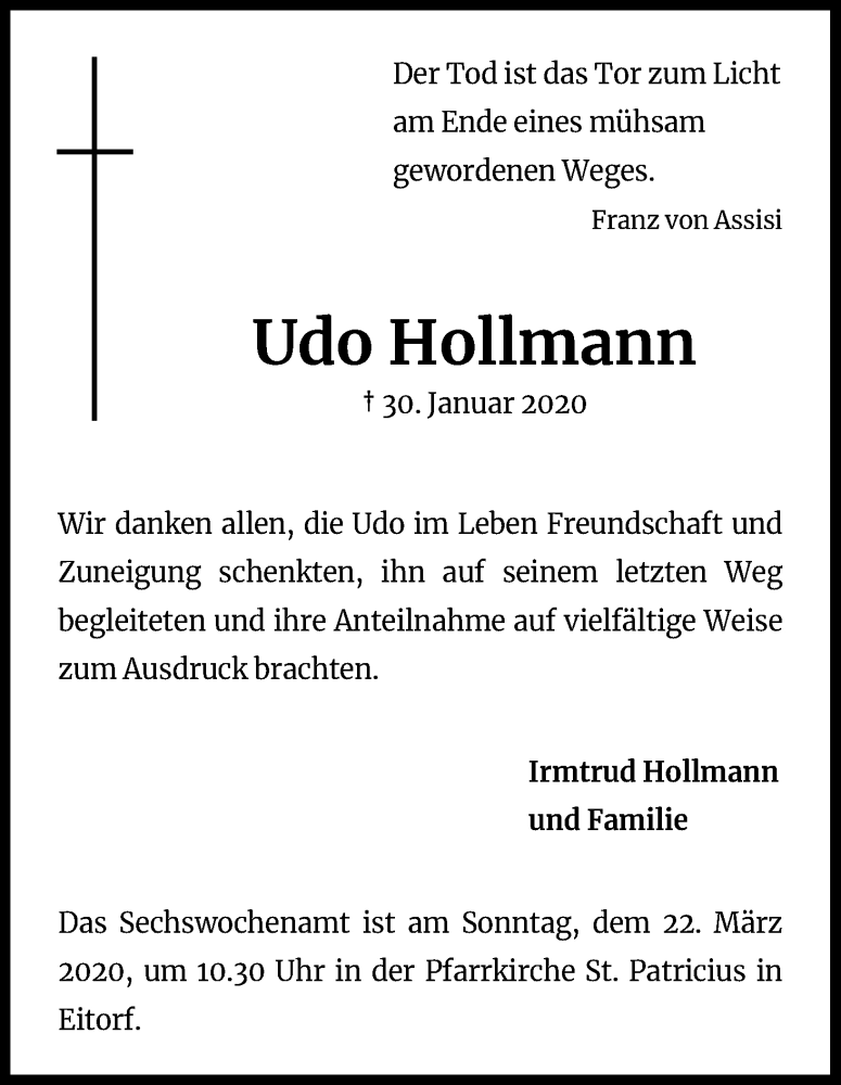  Traueranzeige für Udo Hollmann vom 21.03.2020 aus Kölner Stadt-Anzeiger / Kölnische Rundschau / Express
