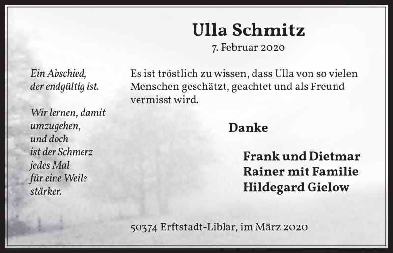  Traueranzeige für Ulla Schmitz vom 18.03.2020 aus  Werbepost 