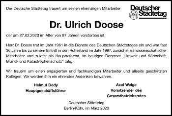 Anzeige von Ulrich Doose von Kölner Stadt-Anzeiger / Kölnische Rundschau / Express