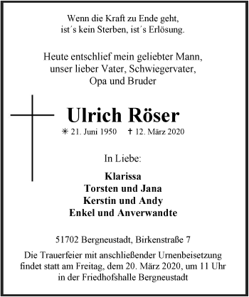 Anzeige von Ulrich Röser von  Anzeigen Echo 