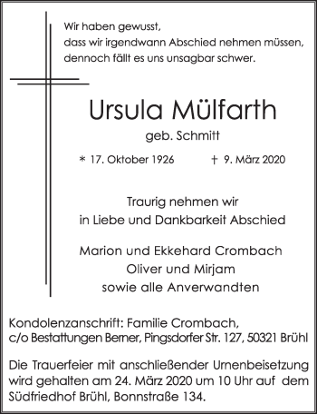 Anzeige von Ursula Mülfarth von  Wochenende 