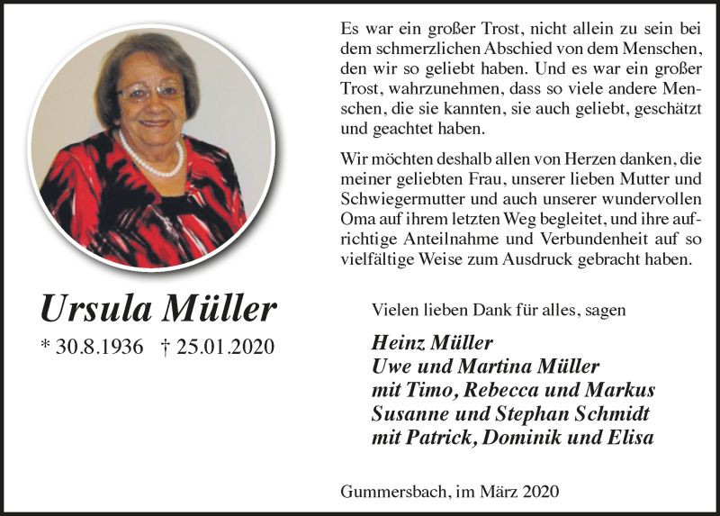  Traueranzeige für Ursula Müller vom 04.03.2020 aus  Anzeigen Echo 