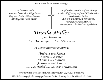 Anzeige von Ursula Müller von Kölner Stadt-Anzeiger / Kölnische Rundschau / Express