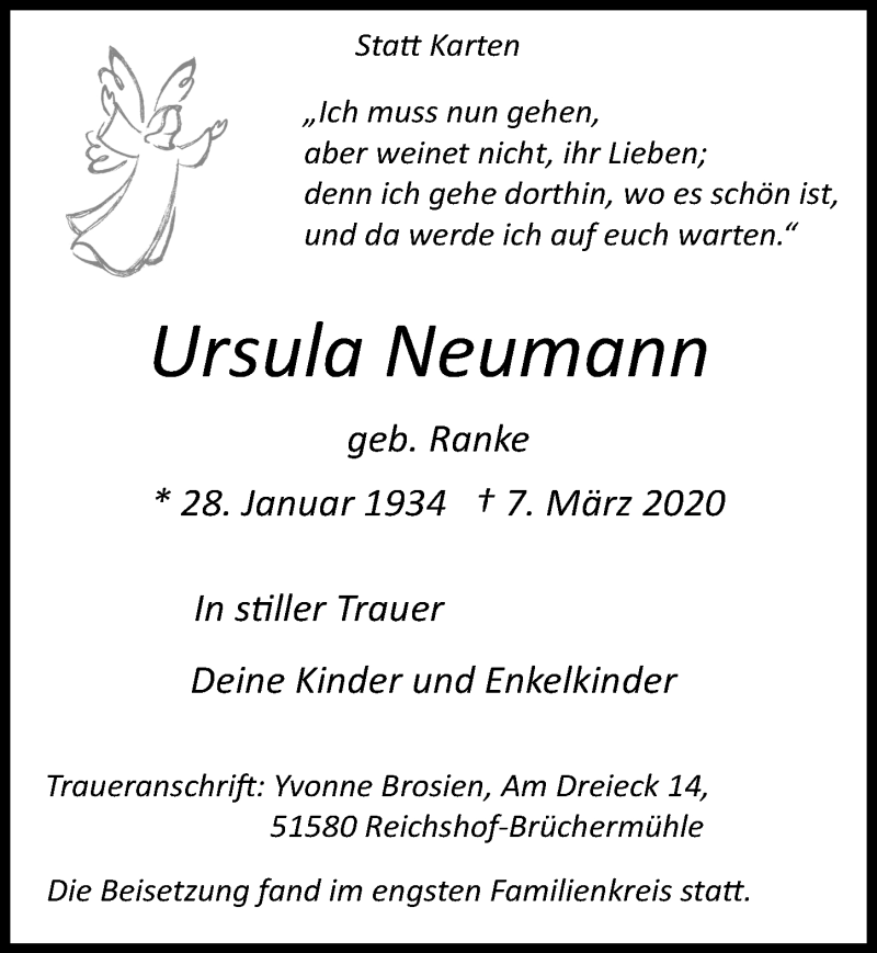  Traueranzeige für Ursula Neumann vom 18.03.2020 aus  Lokalanzeiger 