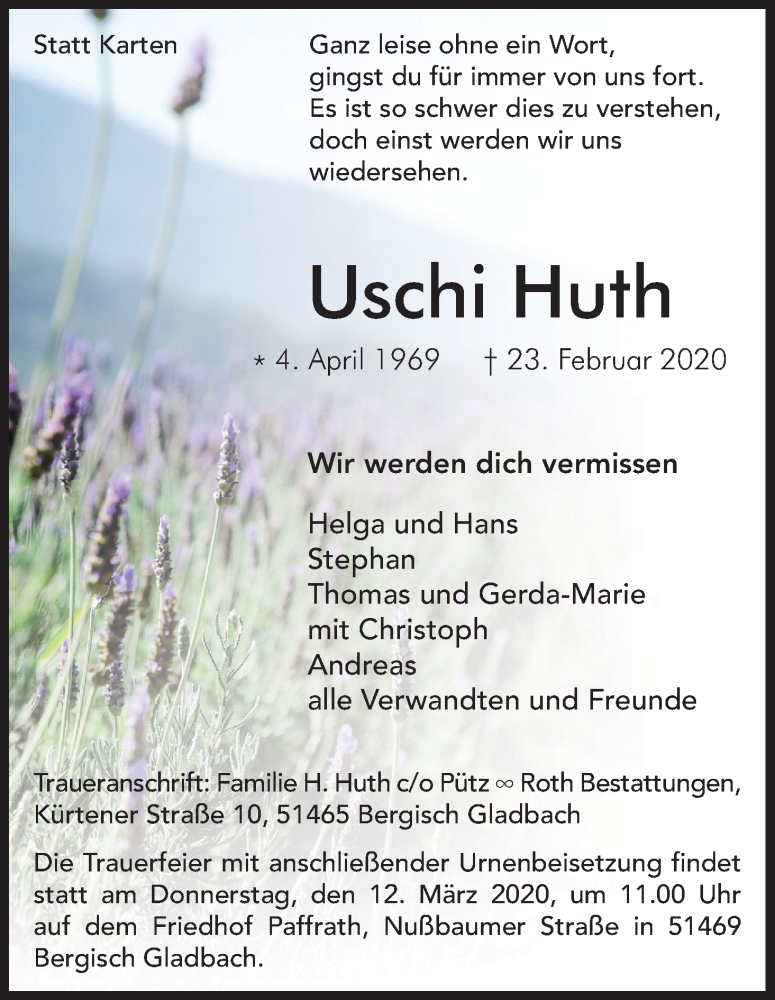  Traueranzeige für Uschi Huth vom 07.03.2020 aus Kölner Stadt-Anzeiger / Kölnische Rundschau / Express