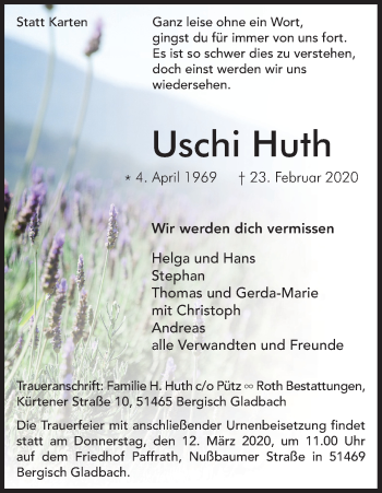 Anzeige von Uschi Huth von Kölner Stadt-Anzeiger / Kölnische Rundschau / Express