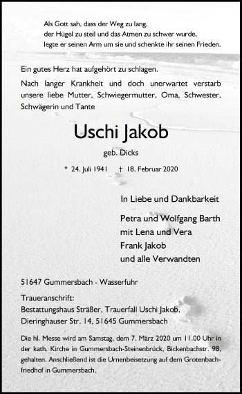 Anzeige von Uschi Jakob von  Anzeigen Echo 