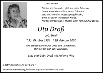 Anzeige von Uta Droß von  Anzeigen Echo  Lokalanzeiger 