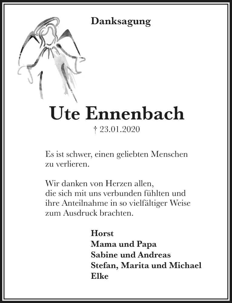  Traueranzeige für Ute Ennenbach vom 18.03.2020 aus  Lokalanzeiger 