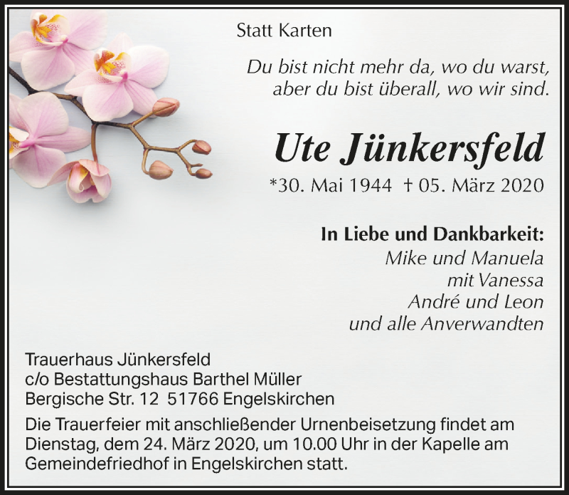  Traueranzeige für Ute Jünkersfeld vom 18.03.2020 aus  Anzeigen Echo 