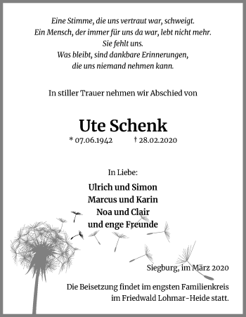 Anzeige von Ute Schenk von Kölner Stadt-Anzeiger / Kölnische Rundschau / Express