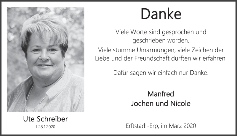  Traueranzeige für Ute Schreiber vom 18.03.2020 aus  Werbepost 