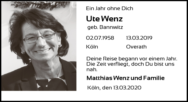  Traueranzeige für Ute Wenz vom 18.07.2023 aus  Bergisches Sonntagsblatt 