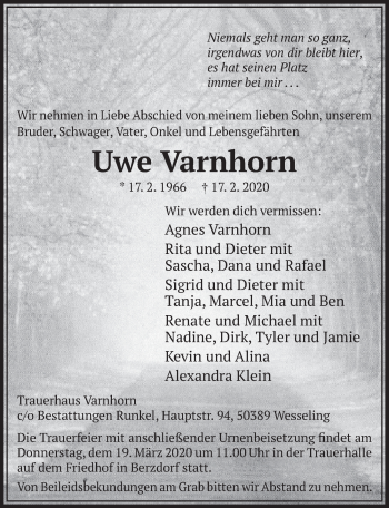 Anzeige von Uwe Varnhorn von  Schlossbote/Werbekurier 