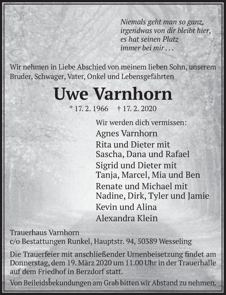  Traueranzeige für Uwe Varnhorn vom 18.03.2020 aus  Schlossbote/Werbekurier 