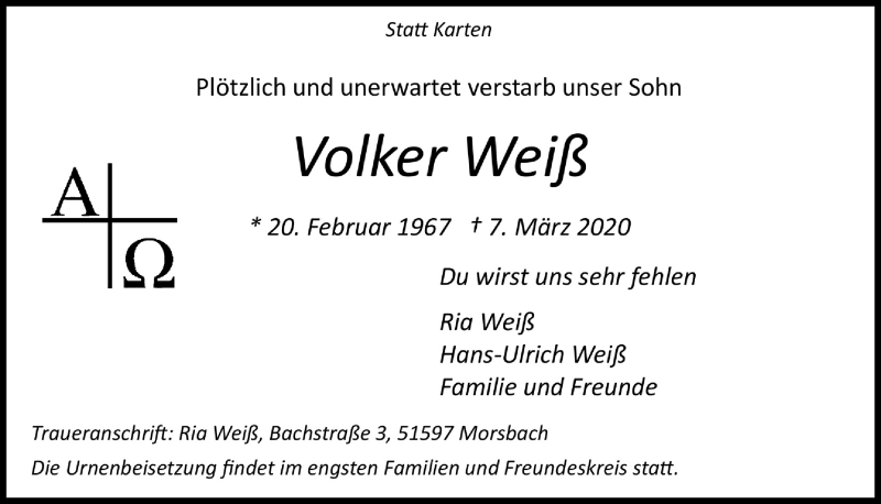  Traueranzeige für Volker Weiß vom 11.03.2020 aus  Lokalanzeiger 