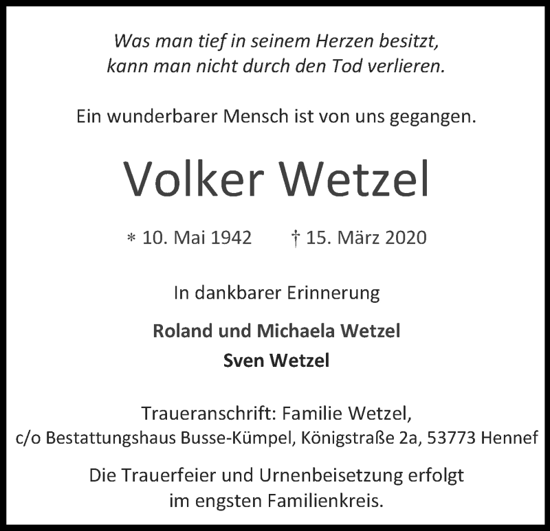  Traueranzeige für Volker Wetzel vom 18.03.2020 aus Zeitungsgruppe Köln