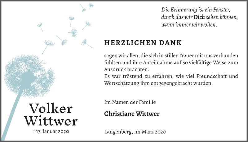  Traueranzeige für Volker Wittwer vom 04.03.2020 aus  Lokalanzeiger 
