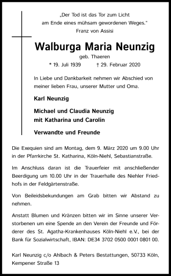 Anzeige von Walburga Maria Neunzig von Kölner Stadt-Anzeiger / Kölnische Rundschau / Express