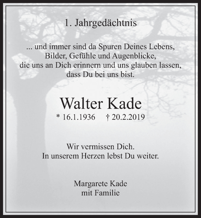  Traueranzeige für Walter Kade vom 04.03.2020 aus  Wochenende 
