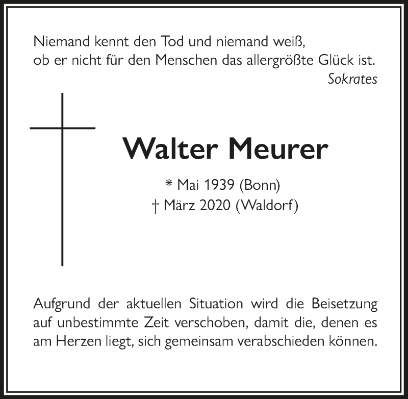  Traueranzeige für Walter Meurer vom 21.03.2020 aus  Schaufenster/Blickpunkt am Wochenende 