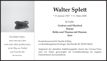 Anzeige von Walter Splett von  Wochenende 