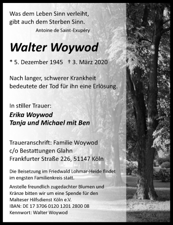 Anzeige von Walter Woywod von  Kölner Wochenspiegel 