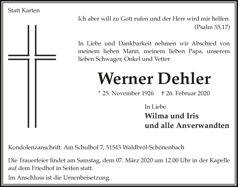  Traueranzeige für Werner Dehler vom 04.03.2020 aus  Lokalanzeiger 