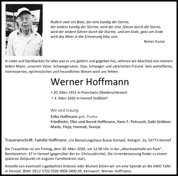 Anzeige von Werner Hoffmann von Kölner Stadt-Anzeiger / Kölnische Rundschau / Express