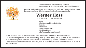 Anzeige von Werner Hoss von Zeitungsgruppe Köln