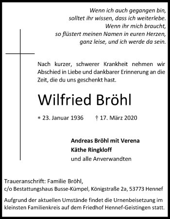 Anzeige von Wilfried Bröhl von Kölner Stadt-Anzeiger / Kölnische Rundschau / Express
