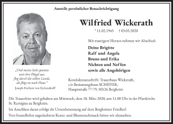 Anzeige von Wilfried Wickerath von  Sonntags-Post 