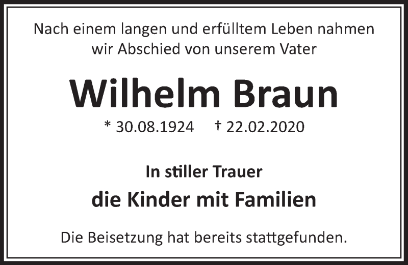  Traueranzeige für Wilhelm Braun vom 04.03.2020 aus  Schlossbote/Werbekurier 