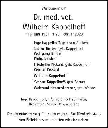 Anzeige von Wilhelm Kappelhoff von Kölner Stadt-Anzeiger / Kölnische Rundschau / Express
