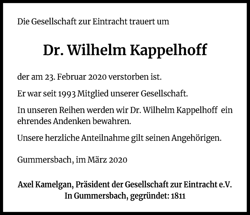  Traueranzeige für Wilhelm Kappelhoff vom 14.03.2020 aus Zeitungsgruppe Köln