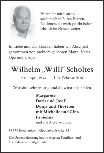 Anzeige von Wilhelm Scholtes von  Blickpunkt Euskirchen 