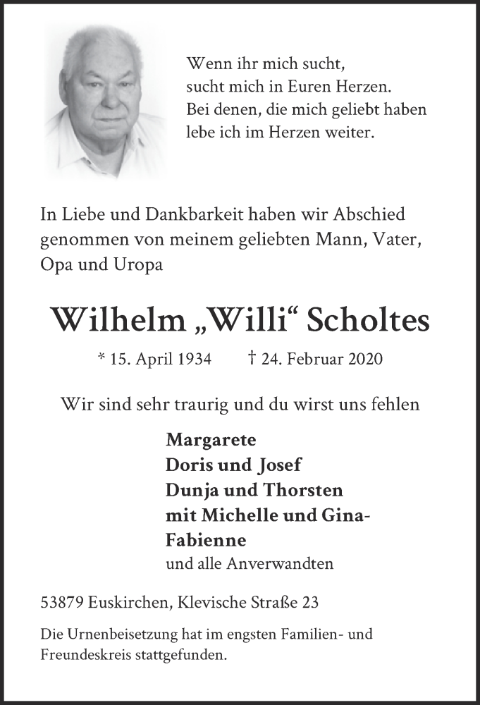  Traueranzeige für Wilhelm Scholtes vom 14.03.2020 aus  Blickpunkt Euskirchen 
