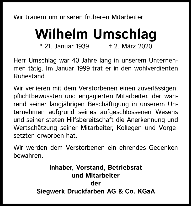  Traueranzeige für Wilhelm Umschlag vom 25.03.2020 aus Kölner Stadt-Anzeiger / Kölnische Rundschau / Express