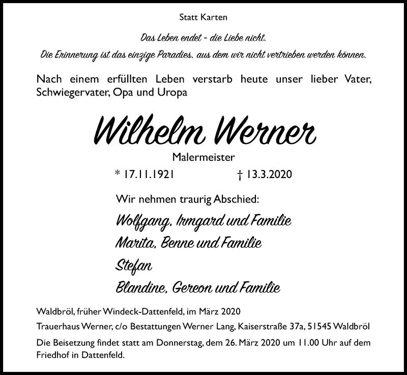  Traueranzeige für Wilhelm Werner vom 21.03.2020 aus Kölner Stadt-Anzeiger / Kölnische Rundschau / Express