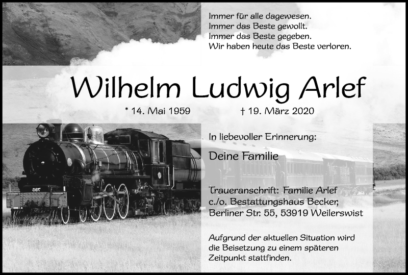  Traueranzeige für Wilhelm Ludwig Arlef vom 28.03.2020 aus Kölner Stadt-Anzeiger / Kölnische Rundschau / Express