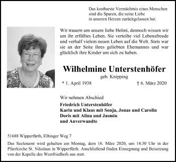 Anzeige von Wilhelmine Unterstenhöfer von Kölner Stadt-Anzeiger / Kölnische Rundschau / Express