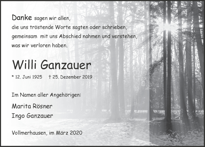  Traueranzeige für Willi Ganzauer vom 18.03.2020 aus  Anzeigen Echo 