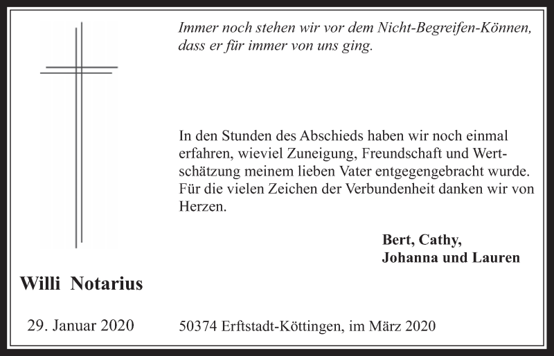  Traueranzeige für Willi Notarius vom 04.03.2020 aus  Werbepost 