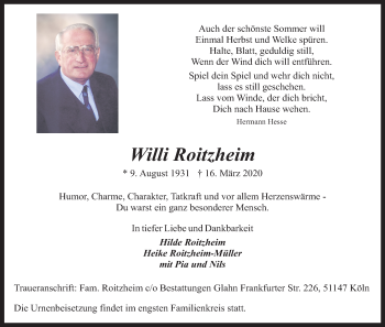 Anzeige von Willi Roitzheim von Kölner Stadt-Anzeiger / Kölnische Rundschau / Express
