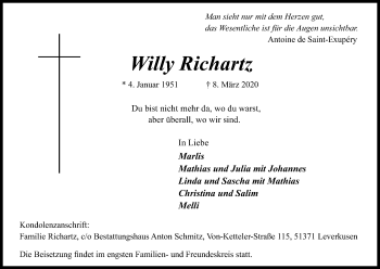Anzeige von Willy Richartz von Zeitungsgruppe Köln