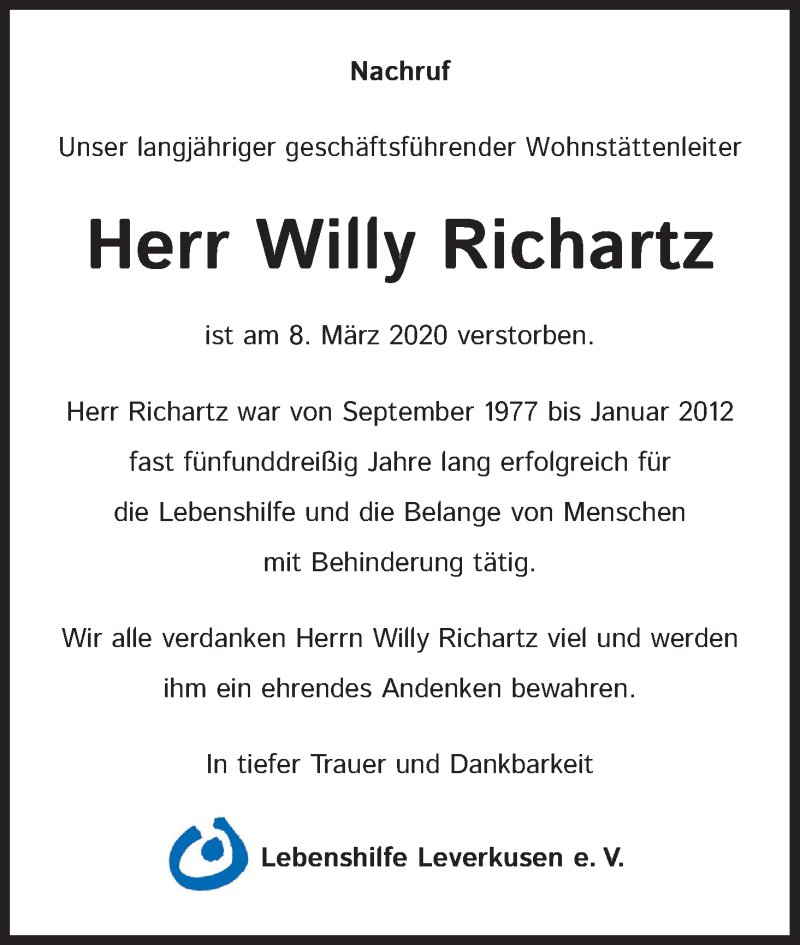  Traueranzeige für Willy Richartz vom 18.03.2020 aus Zeitungsgruppe Köln