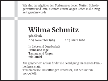 Anzeige von Wilma Schmitz von Kölner Stadt-Anzeiger / Kölnische Rundschau / Express