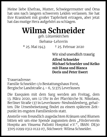 Anzeige von Wilma Schneider von Kölner Stadt-Anzeiger / Kölnische Rundschau / Express